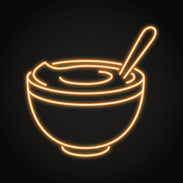 Bowl with traditional dessert neon icon. Samanu or sumalak Nowruz symbol. Vector illustration.