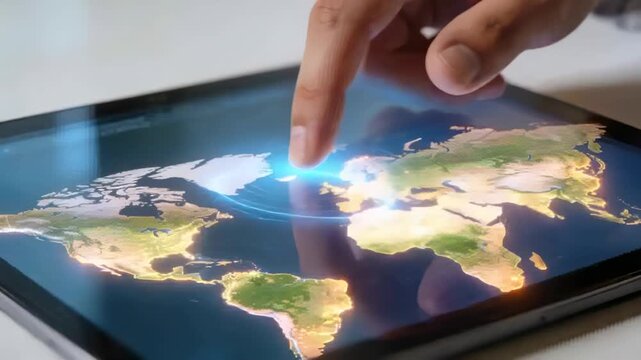 Tapping right hand wearing grey sleeve dragging finger across tablet at desk, creating map ripples