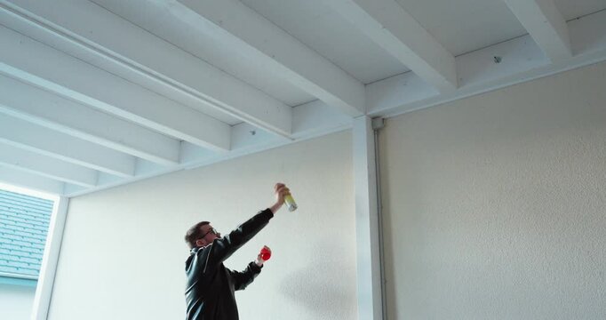 A man sprays chemical pesticide or disinfectant under white wooden roof beams, showing pest control, home maintenance, fumigation, sanitation, and safety risk from toxic