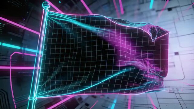 Undulating neon wireframe flag reacting to simulated wind in futuristic studio, with pole finial