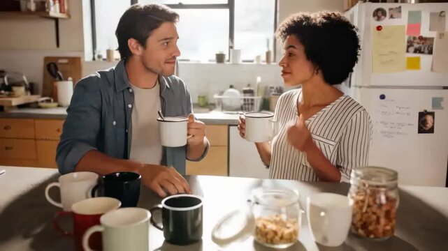 Smiling couple tasting mugs at sunlit kitchen, man denim shirt, woman striped top, spoon stirring
