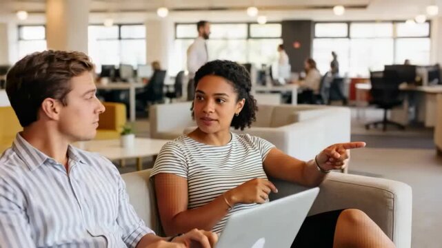 Gesturing woman wearing striped shirt initiating by pointing at laptop on couch, clarifying project