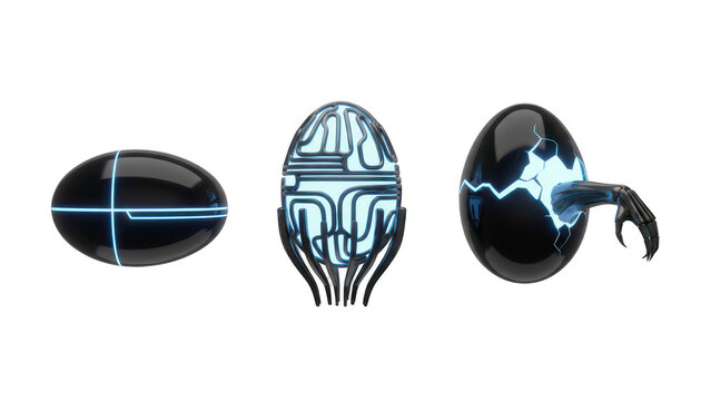 Futuristic Egg Objects with Glowing Blue Circuitry