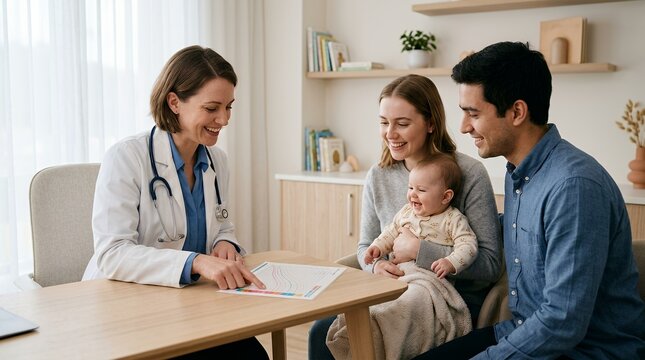 Female doctor consulting a happy young couple with their baby in a modern clinic, discussing health and family care.
