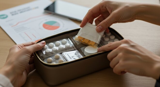Woman packing pillbox with tablet medication, organizing pharmacy for home and travel, health and healthcare concept.