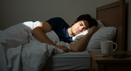 Obraz premium Young man waking up in bed with sunlight on his face. Person suffering from restless sleep or morning sun. Early rise.