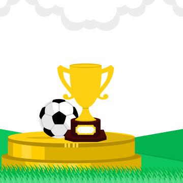 Gold Soccer Trophy and Football on Podium in Outdoor Field. Soccer Template design, Football banner, Sport layout design, Soccer Football vector background