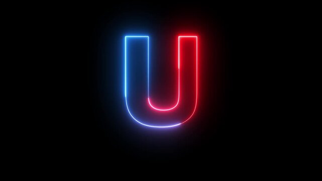 Glowing neon red and blue color English Capital letter U text icon animation education alphabet world smooth character effect sign symbol on black background