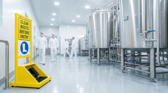 Manufacturing plant cleanroom boot station and personnel in aseptic processing area ensuring quality control standards.