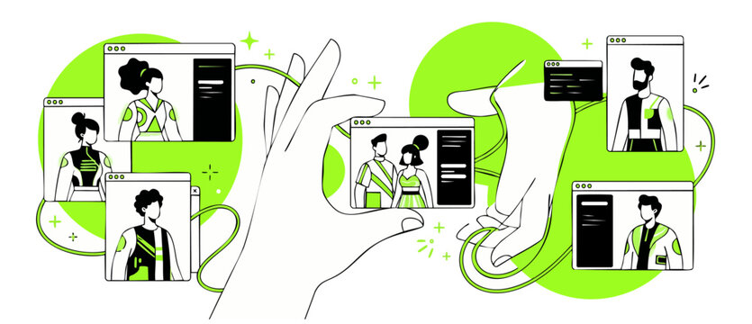 Dating app matchmaking social network online profile search and selection by hands showing digital connection, remote recruitment, networking flat vector outline illustration background banner.