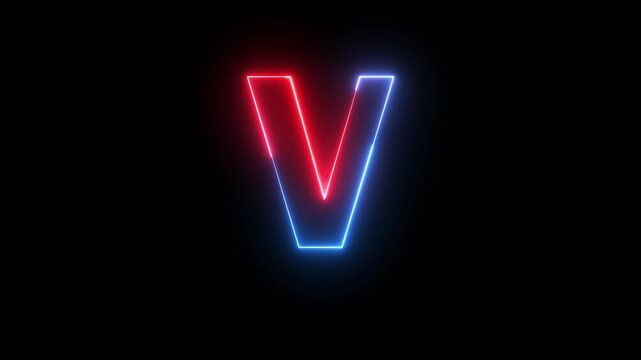 Glowing neon red and blue color English Capital letter V text icon animation education alphabet world smooth character effect sign symbol on black background