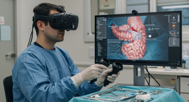 Male surgeon wearing VR headset and performing virtual reality surgery. Doctor training in simulator. Medical simulation technology for education.