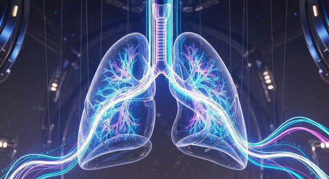 Futuristic Digital Illustration of Human Lungs with Glowing Energy Veins.