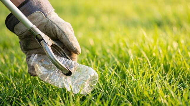 Waste cleanup, hand in glove using picker tool to collect plastic bottle in grassy field, environmental conservation effort.