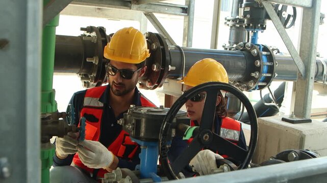 Engineers with safety vests and helmets maintain a cooling tower on rooftop of a solar farm. Two workers inspecting cooling system of building. Male and female technicians discuss during work together