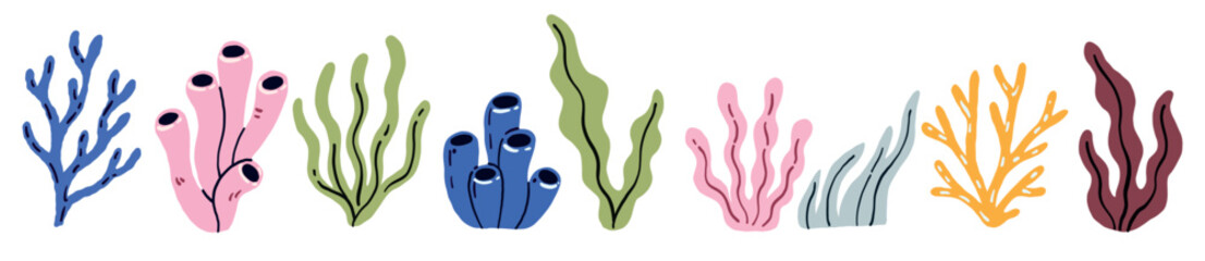 Underwater plants vector set with coral reef, seaweed and sea anemone. Marine flora element collection isolated on white background for ocean nature conservation and aquarium design concept. © Masha Ashma