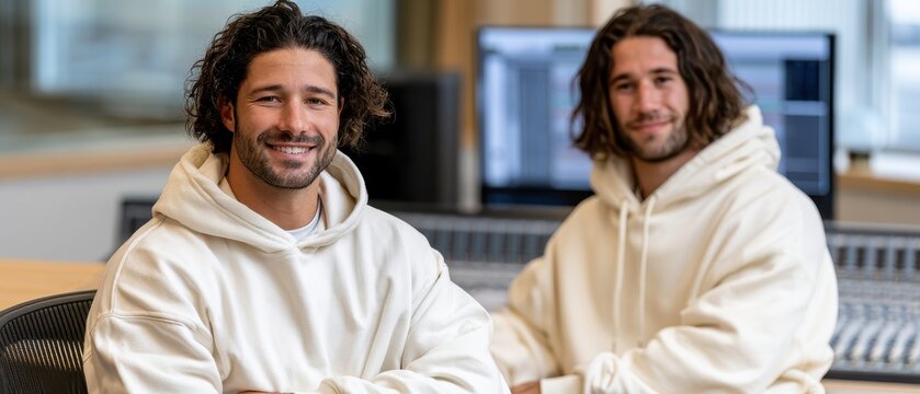 Two men sit together in a music studio, surrounded by equipment, focusing on their creative work in audio production