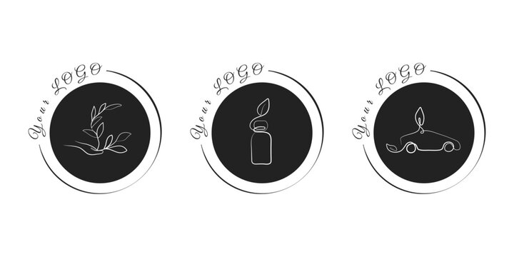 Horizontal display of three circular black logos with white line art. The first depicts a hand holding a plant. The second shows a bottle with a leaf.