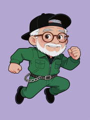 Naklejka premium Cartoon elderly man running in stylish workwear