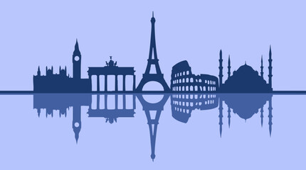 Famous European city skyline silhouettes with reflections in blue © Aesthetica