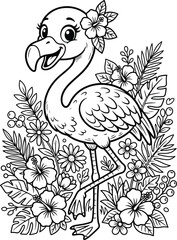 Fototapeta premium Flamingo and tropical flowers black and white illustration for coloring pages