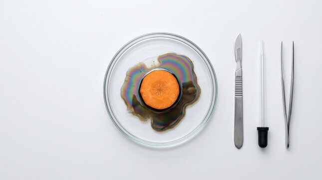 Environmental toxicity depicted by iridescent chemical oil leaking from a carrot slice in a sterile petri dish with medical scalpel and tweezers.