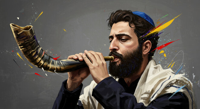 Jewish man celebrating Rosh Hashanah and Yom Kippur, blowing shofar. Traditional ritual and spiritual reflection for a Jewish holiday.