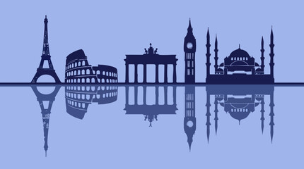 European Landmarks Skyline Silhouette with Reflections in Blue © Aesthetica