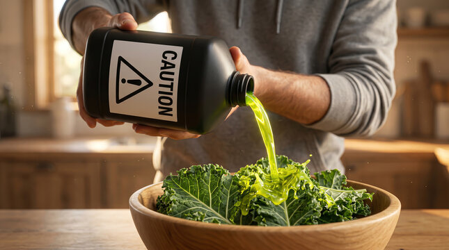 Environmental toxicity depicted by pouring fluorescent green chemical liquid from a caution bottle onto fresh green kale leaves in a kitchen setting
