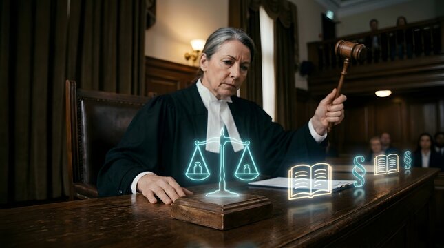 Serious judge in white wig and black robe holding gavel at wooden bench with glowing blue and gold holographic scales of justice and paragraph symbols &mdash; law and legal technology concept