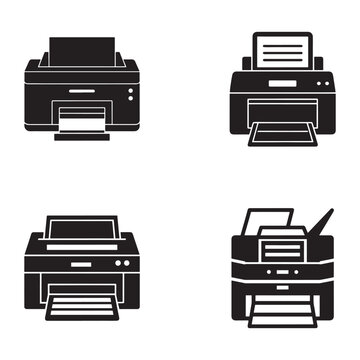 Set of black and white printer icons in different positions and states  office equipment  printing devices