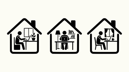 Fototapeta premium Work from Home Icons: People in Houses with Laptops and Desks