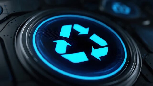 Blue recycle symbol glowing dark background with circular icon, digital interface, futuristic design, illuminated ring, clean energy, waste sorting, sustainability, eco conservation, reuse and reduce