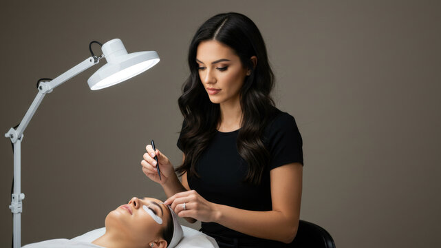 Woman cosmetologist applying eyelash extensions to a woman client. Beauty salon treatment for lash enhancement. Eyebrow shaping.
