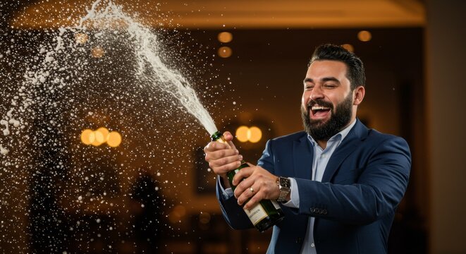 Happy man popping champagne bottle with a celebratory spray of bubbles. New Year celebration or special event concept. Festive party atmosphere.