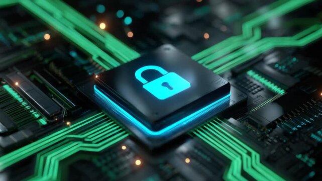 Cyber security lock on digital circuit board with glowing chip and neon line data protection, computer system network security, encrypted data technology background secure access