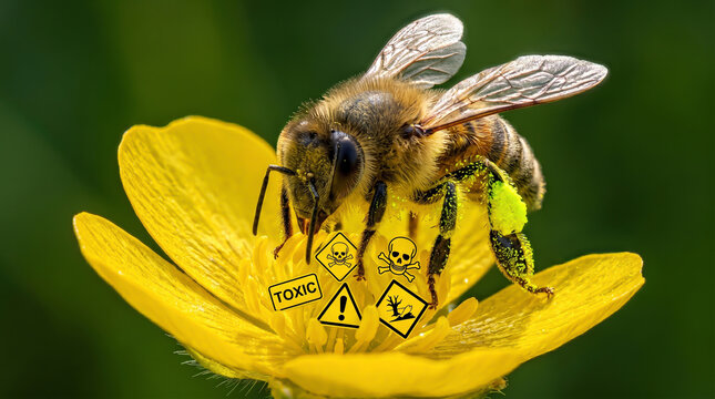 Environmental toxicity depicted by hazardous warning symbols and skulls embedded within yellow flower petals as a honey bee collects toxic nectar.