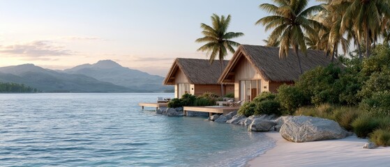 Fototapeta premium Five overwater bungalows sit beside a turquoise lagoon with palm trees and white beach at sunset, perfect for luxury travel marketing