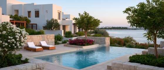 Obraz premium A modern poolside area at a luxury resort with two lounge chairs and palm trees, overlooking the ocean during sunset