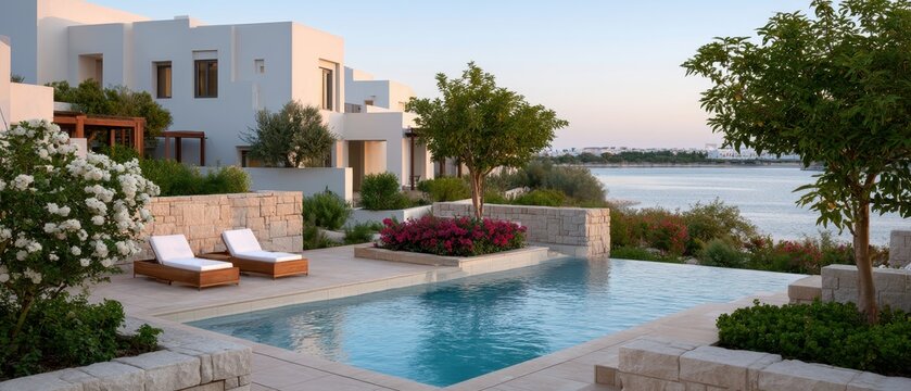 A modern poolside area at a luxury resort with two lounge chairs and palm trees, overlooking the ocean during sunset