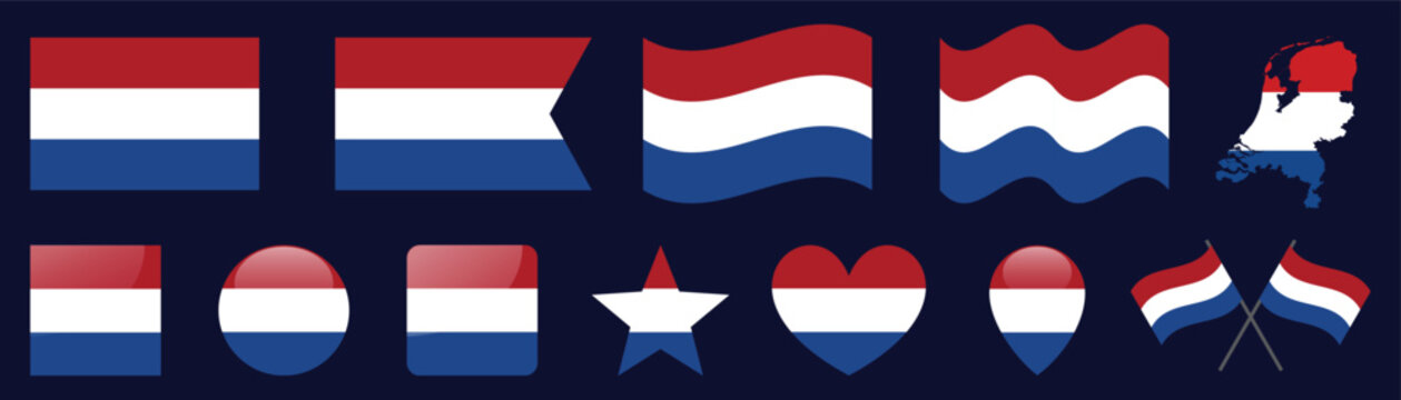 Netherlands flag collection with multiple shapes including heart star and map on dark background.