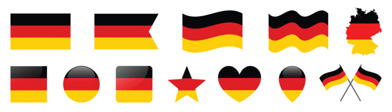 German flag set featuring various geometric shapes icons and map of germany on white background.