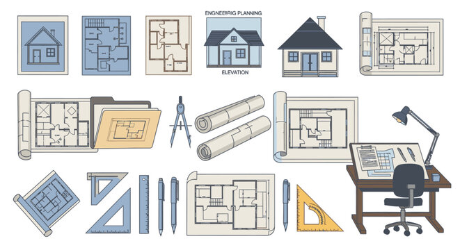 Architectural drafting design tools and blueprints.