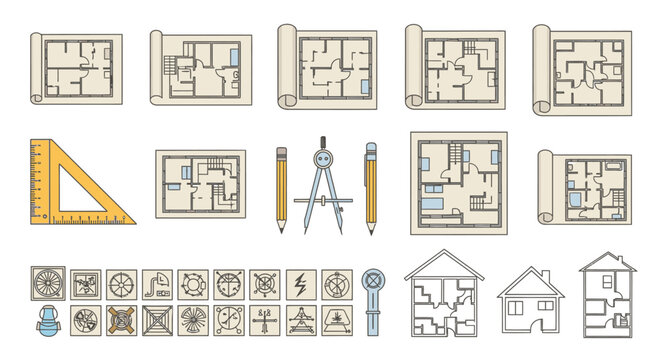 Architectural drafting tools and house plans.