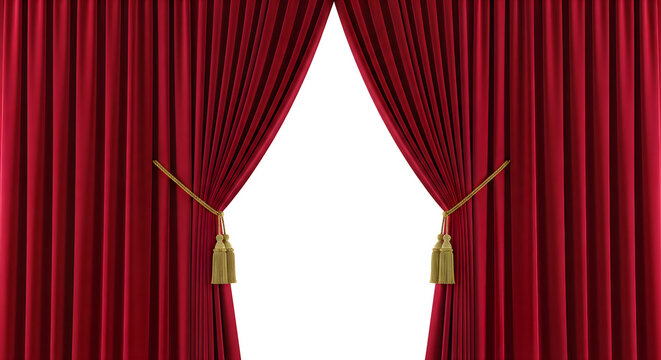 Luxurious red velvet theater curtains pulled back with golden tassels revealing a bright white isolated background for your creative design