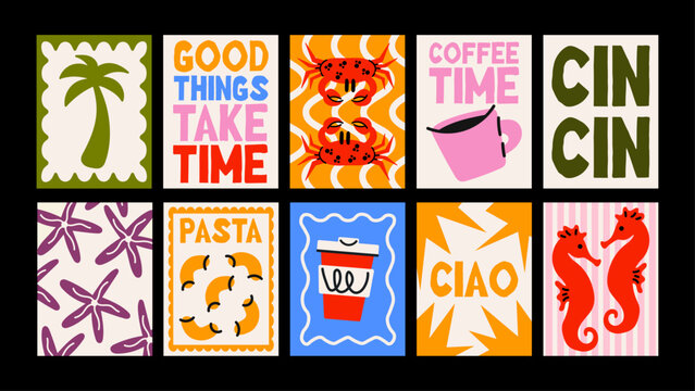 Italian Summer Poster Set with Coffee, Pasta and Coastal Icons. Retro Printable Wall Art Collection