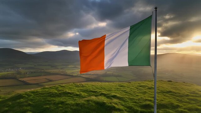 Green rolling hill dramatically rising under gently waving irish national flag, revealing expansive sunlit valley representing peaceful rural irish landscape and national pride