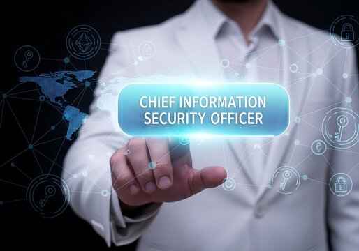 Business professional holding digital security badge as Chief Information Security Officer in corporate setting