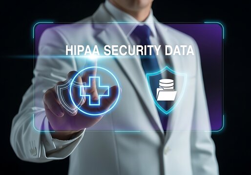 Business professional holding HIPAA security data protection icon with digital health privacy concept