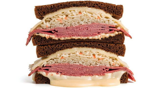 Delicious reuben sandwich stacked high with layers of salty corned beef melted swiss cheese tangy sauerkraut and toasted rye bread